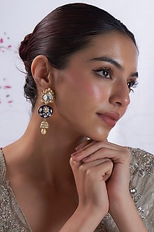 Gold Finish Pearl & Kundan Polki Dangler Earrings In Sterling Silver
