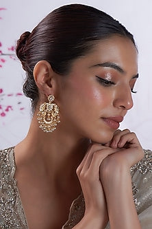Gold Finish Pearl & Zircon Dangler Earrings In Sterling Silver