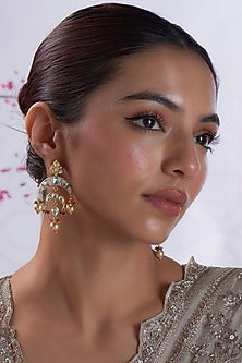 Gold Finish Pearl & Kundan Polki Chandbaali Earrings In Sterling Silver