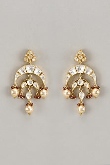 Gold Finish Pearl & Kundan Polki Chandbaali Earrings In Sterling Silver