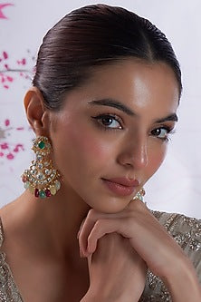 Gold Finish Kundan Polki & Beaded Dangler Earrings In Sterling Silver