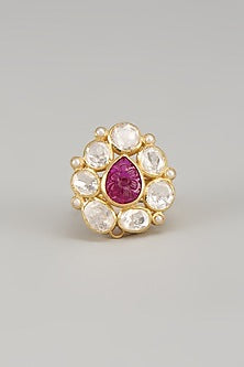 Gold Finish Kundan Polki & Red Cabochon Ring In Sterling Silver