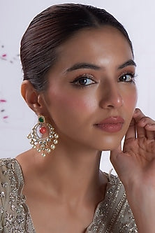 Gold Finish Kundan Polki & Beaded Dangler Earrings In Sterling Silver