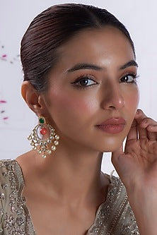 Gold Finish Kundan Polki & Beaded Dangler Earrings In Sterling Silver