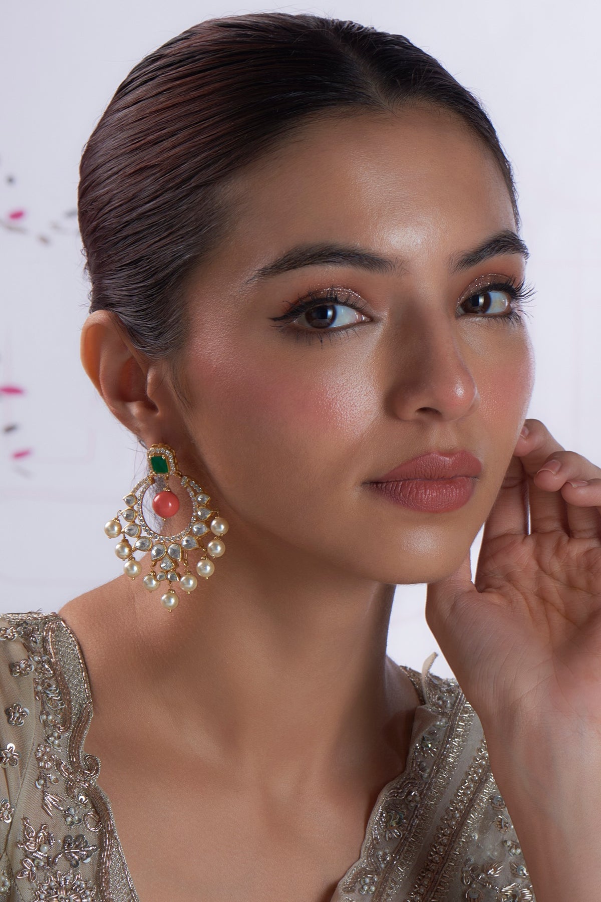 Gold Finish Kundan Polki & Beaded Dangler Earrings In Sterling Silver