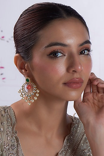 Gold Finish Kundan Polki & Beaded Dangler Earrings In Sterling Silver