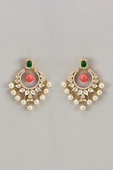 Gold Finish Kundan Polki & Beaded Dangler Earrings In Sterling Silver