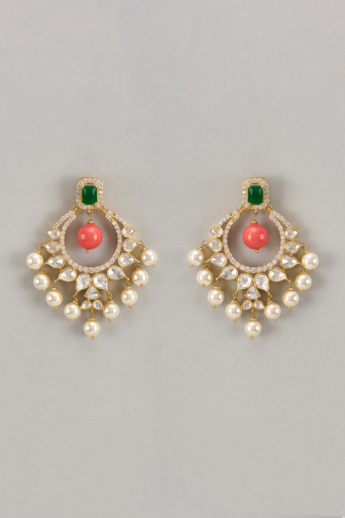 Gold Finish Kundan Polki & Beaded Dangler Earrings In Sterling Silver