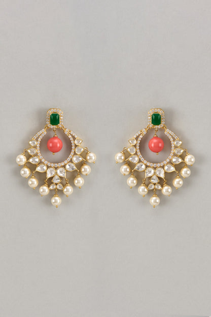 Gold Finish Kundan Polki & Beaded Dangler Earrings In Sterling Silver