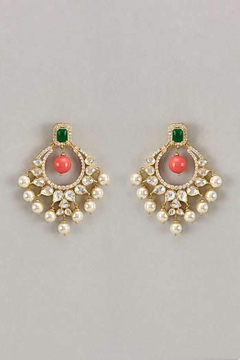 Gold Finish Kundan Polki & Beaded Dangler Earrings In Sterling Silver