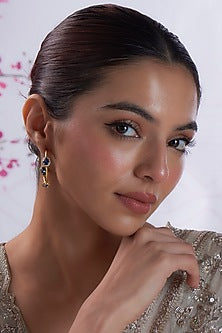 Gold Finish Blue Glass Gemstone & Zircon Hoop Earrings In Sterling Silver
