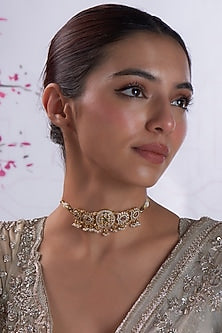 Gold Finish Zircon & Pearl Choker Necklace In Sterling Silver