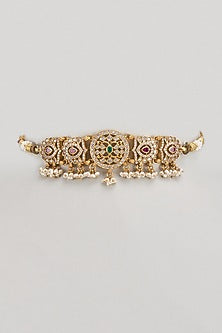 Gold Finish Zircon & Pearl Choker Necklace In Sterling Silver