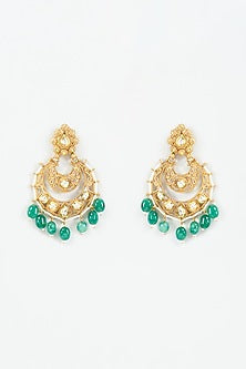 Gold Finish Kundan Polki & Emerald Chandbali Earrings