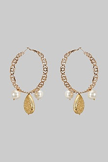 Gold Finish Pear Stone & Pearl Hoop Earrings