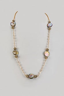 Gold Finish Black Marble Long Beaded Necklace