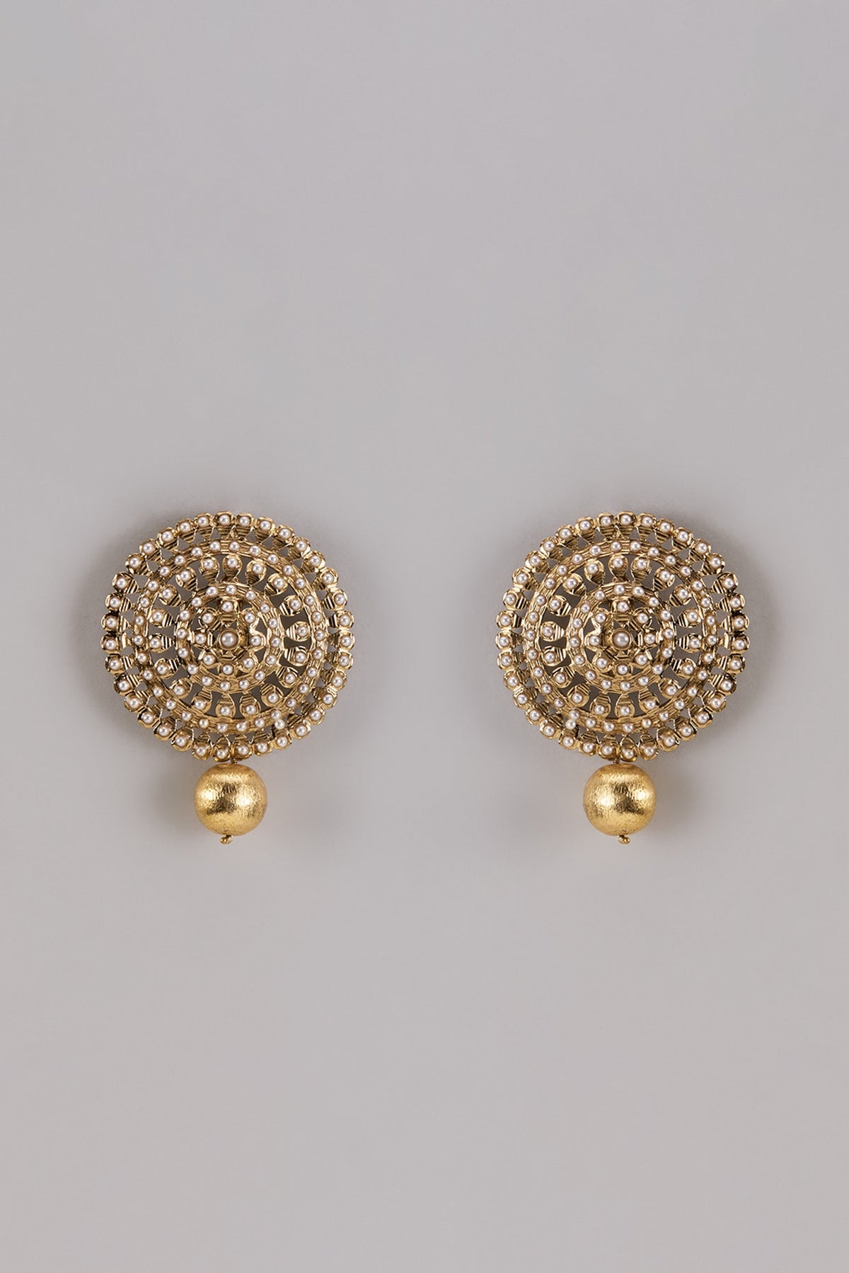 Gold Finish Pearl Aari Work Statement Stud Earrings