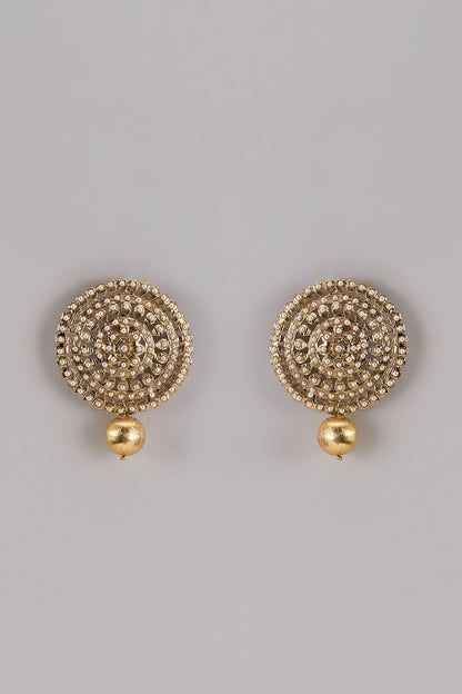 Gold Finish Pearl Aari Work Statement Stud Earrings
