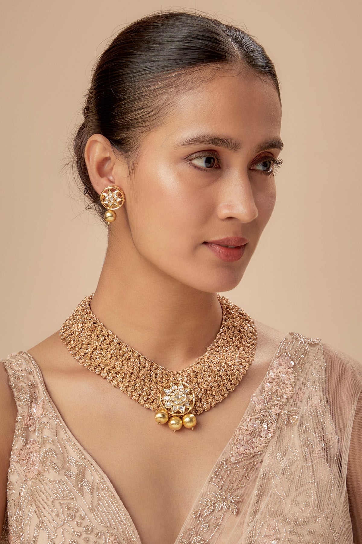 Gold Finish Kundan Motifs & Gold Beaded Choker Necklace Set