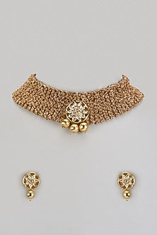 Gold Finish Kundan Motifs & Gold Beaded Choker Necklace Set