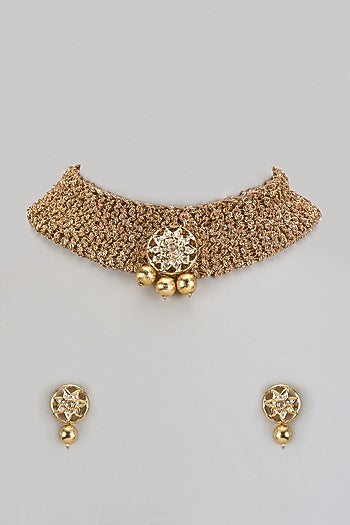 Gold Finish Kundan Motifs & Gold Beaded Choker Necklace Set