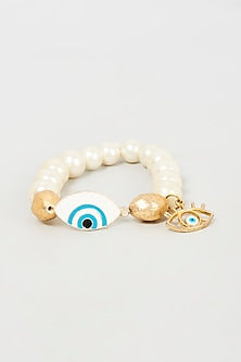 Gold Finish Gold Beaded & Pearl Evil Eye Bracelet