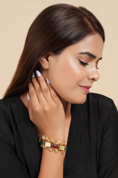 Gold Finish Kundan Polki & Multi-Colored Stone Bracelet