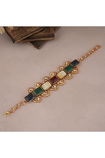 Gold Finish Kundan Polki & Multi-Colored Stone Bracelet