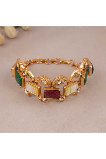 Gold Finish Kundan Polki & Multi-Colored Stone Bracelet