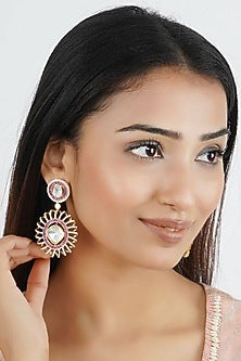 Gold Finish Kundan Polki & Pink Synthetic Stone Spiral Dangler Earrings