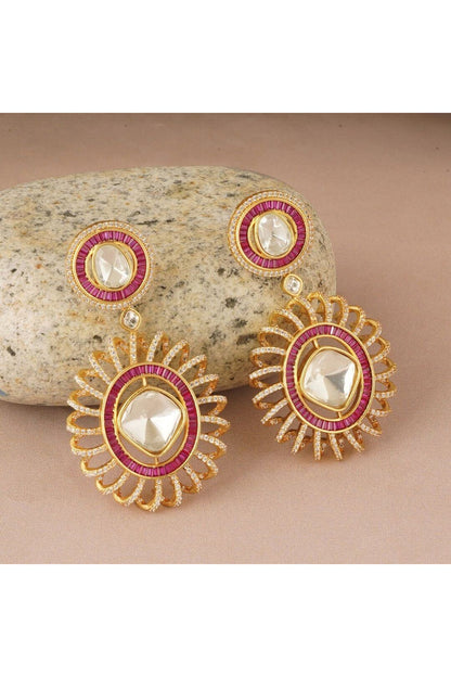 Gold Finish Kundan Polki & Pink Synthetic Stone Spiral Dangler Earrings
