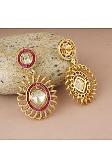 Gold Finish Kundan Polki & Pink Synthetic Stone Spiral Dangler Earrings