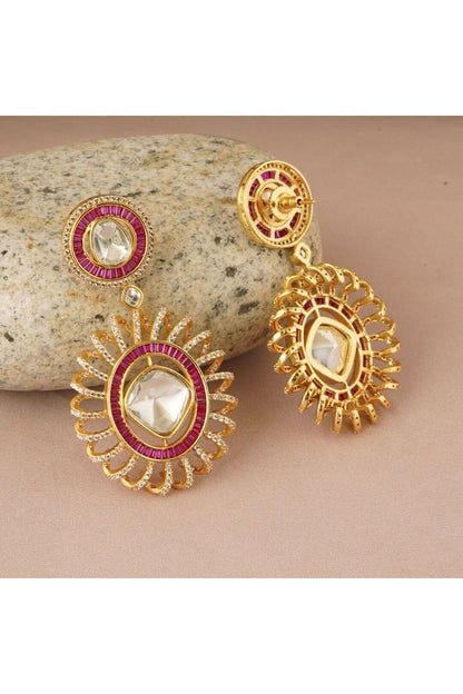 Gold Finish Kundan Polki & Pink Synthetic Stone Spiral Dangler Earrings