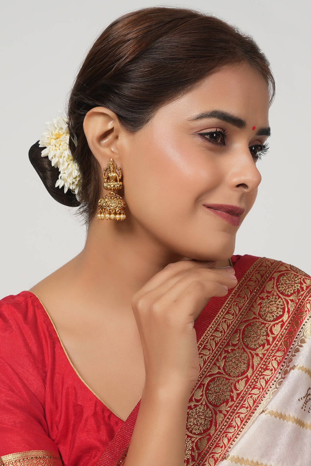 Gold Finish Pearl Maa Lakshmi Temple Jhumka Earrings