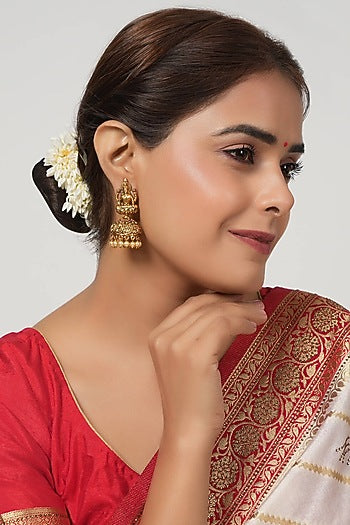 Gold Finish Pearl Maa Lakshmi Temple Jhumka Earrings