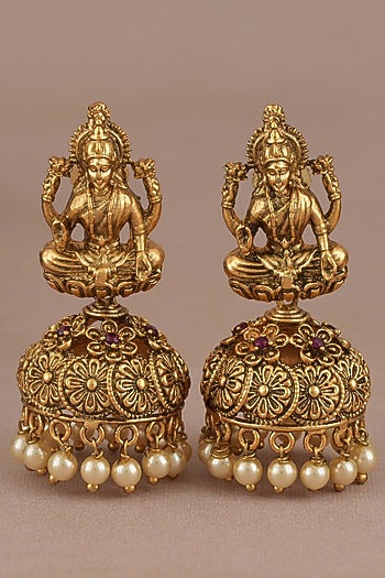 Gold Finish Pearl Maa Lakshmi Temple Jhumka Earrings