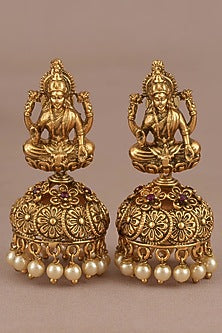 Gold Finish Pearl Maa Lakshmi Temple Jhumka Earrings