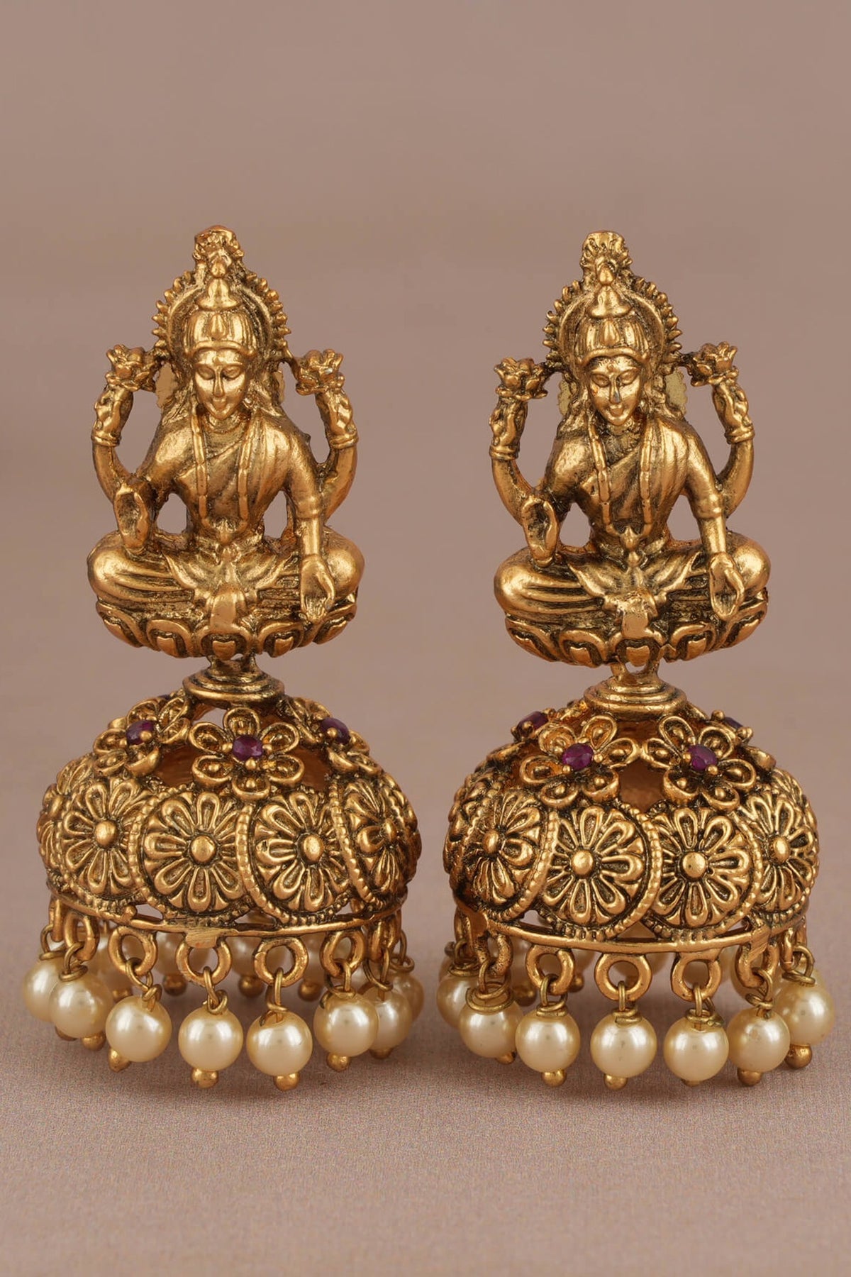 Gold Finish Pearl Maa Lakshmi Temple Jhumka Earrings