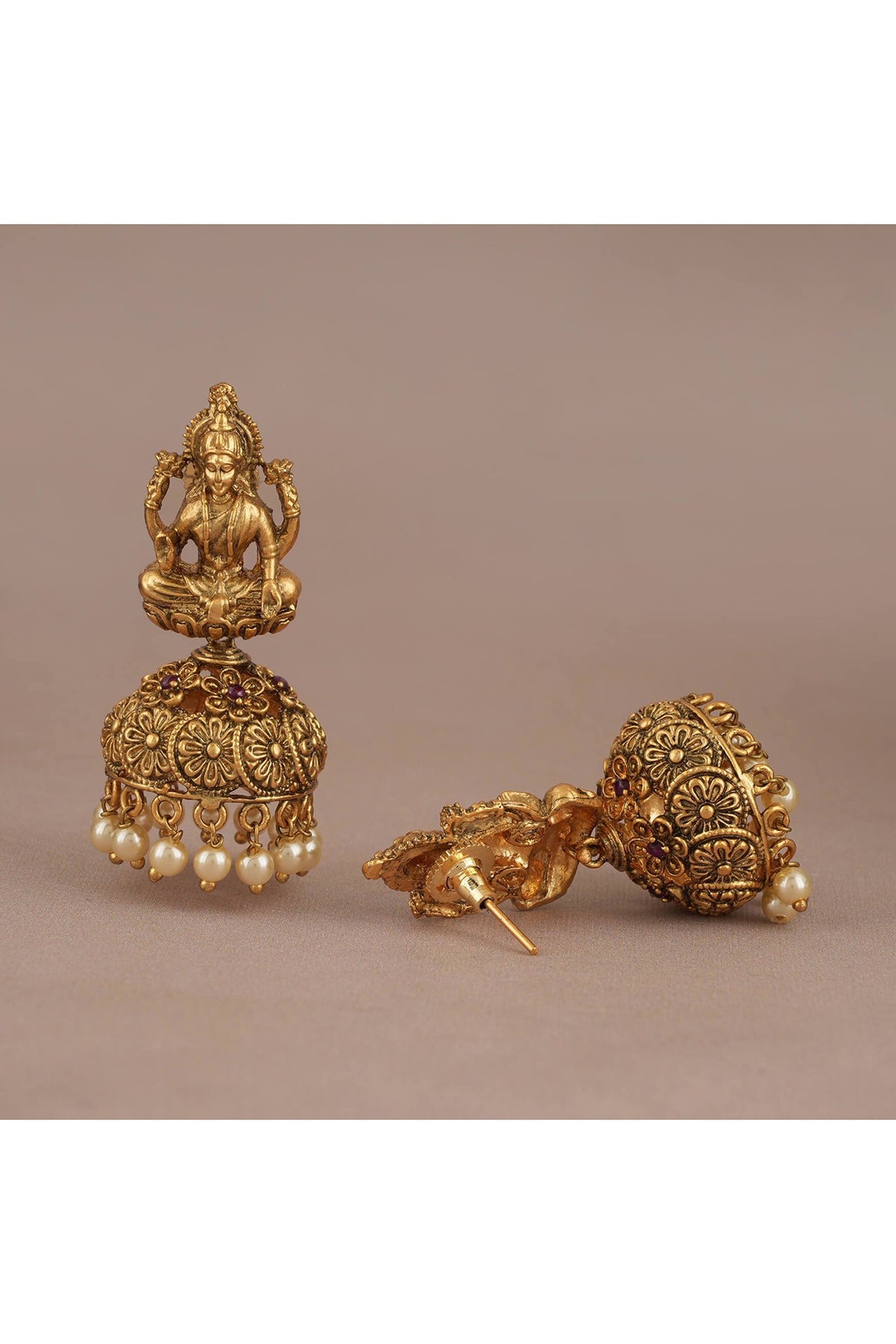 Gold Finish Pearl Maa Lakshmi Temple Jhumka Earrings