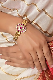 Gold Finish Ruby & Pearl Floral Kada