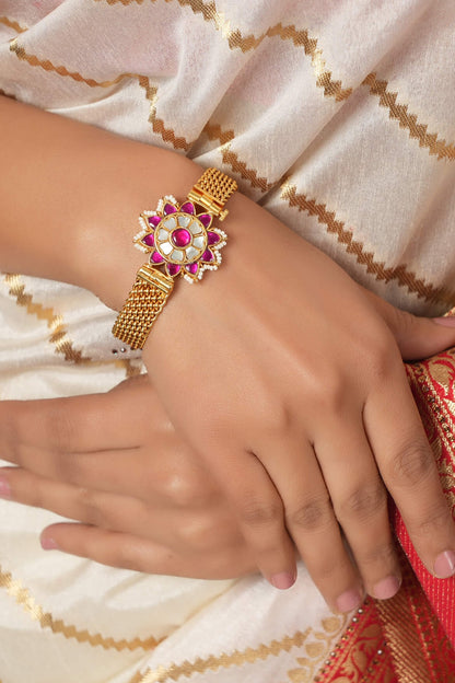 Gold Finish Ruby & Pearl Floral Kada