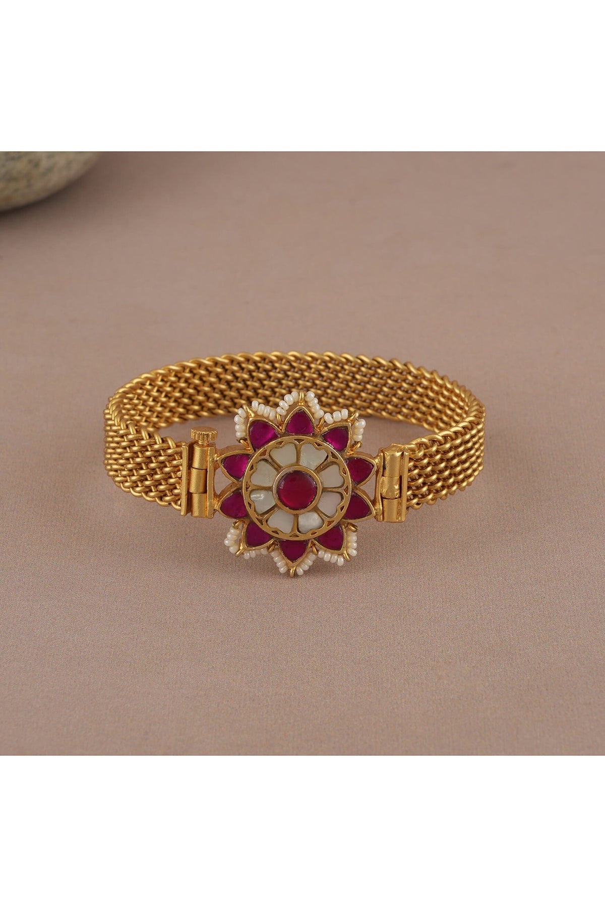 Gold Finish Ruby & Pearl Floral Kada