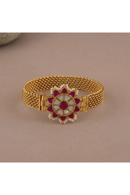 Gold Finish Ruby & Pearl Floral Kada