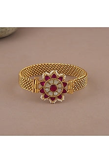 Gold Finish Ruby & Pearl Floral Kada