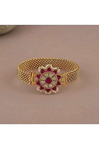 Gold Finish Ruby & Pearl Floral Kada