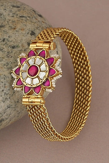 Gold Finish Ruby & Pearl Floral Kada