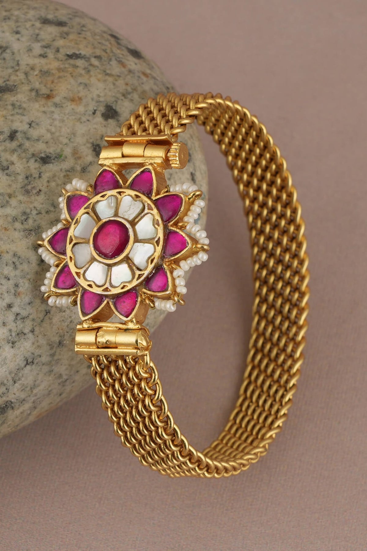 Gold Finish Ruby & Pearl Floral Kada