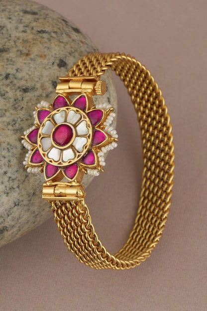 Gold Finish Ruby & Pearl Floral Kada