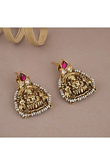 Antique Gold Finish Pearl & Red Stone Temple Dangler Earrings