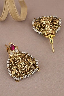Antique Gold Finish Pearl & Red Stone Temple Dangler Earrings